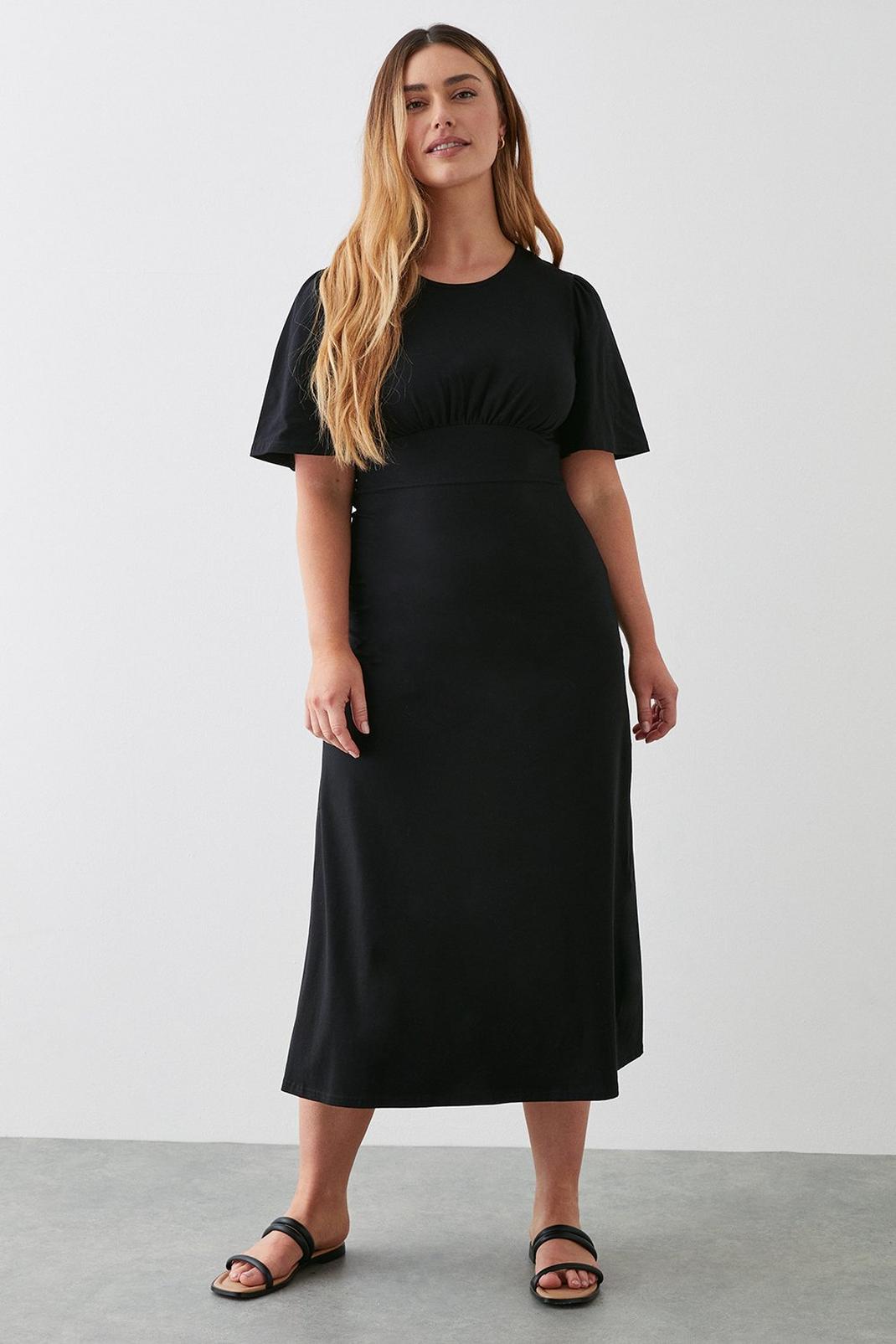 Black Flutter Sleeve Empire Waist Midi Dress image number 1