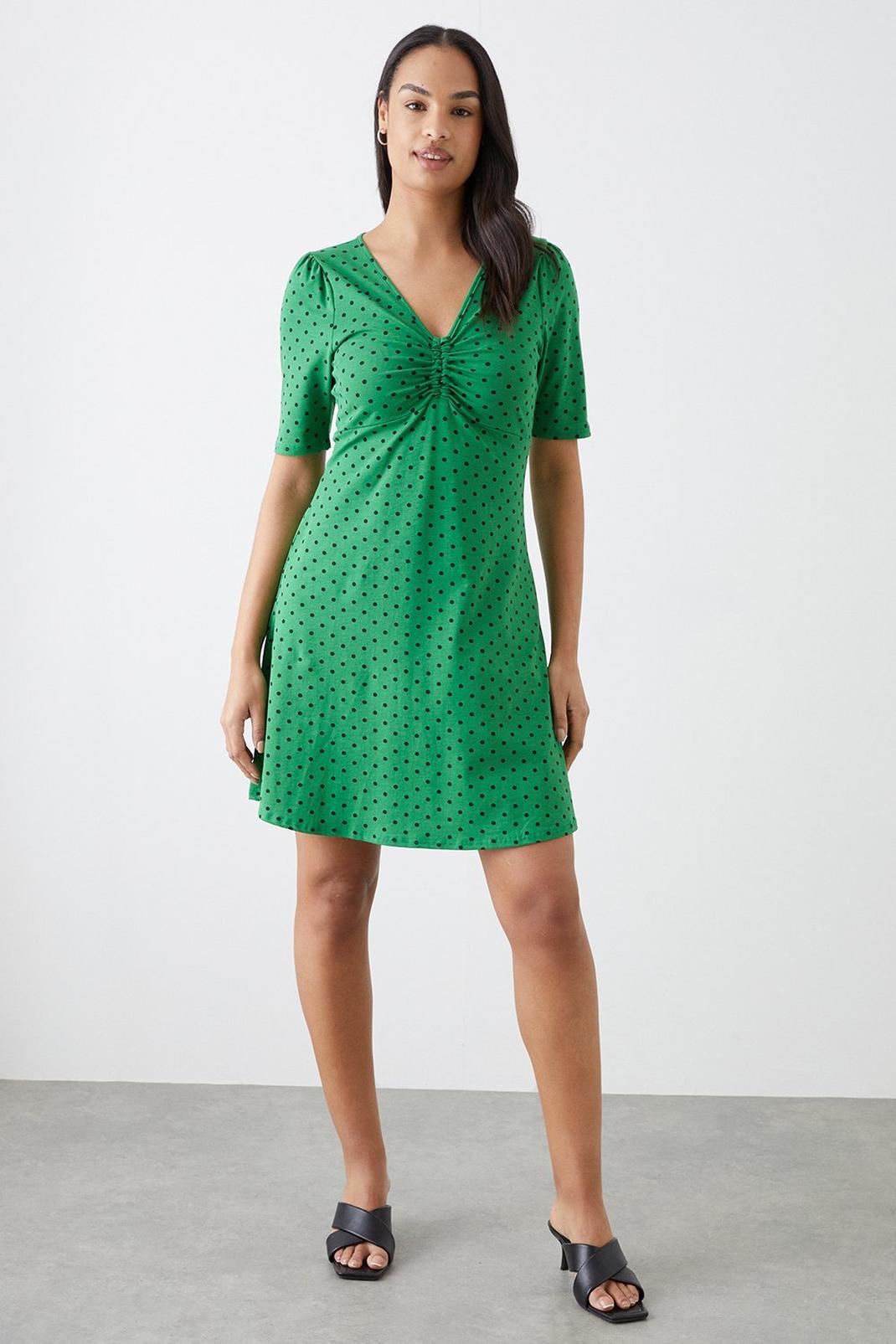 Green Spot V Neck Ruched Mini Dress image number 1