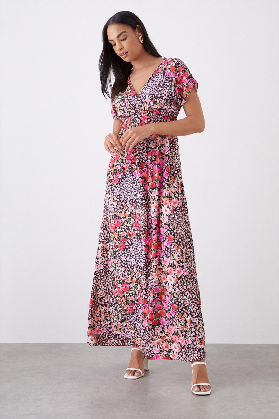 Multi Floral Print V Neck Maxi Dress