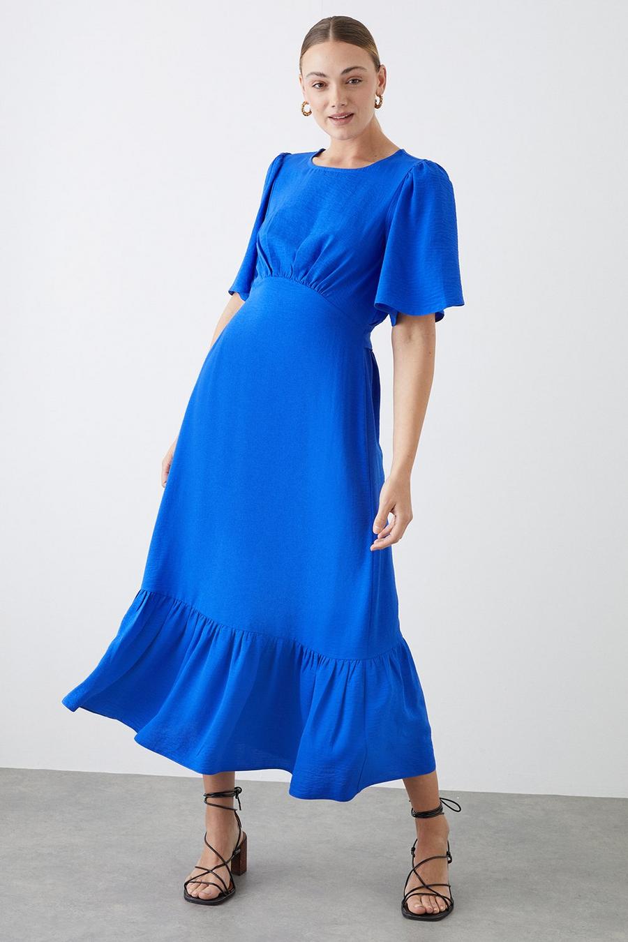 Tall Blue Flutter Sleeve Midi Dress