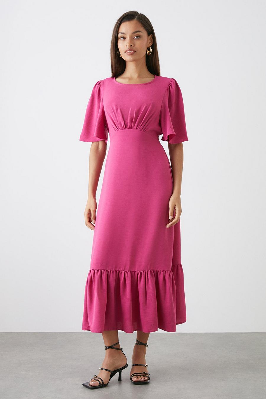 Petite Pink Flutter Sleeve Midi Dress