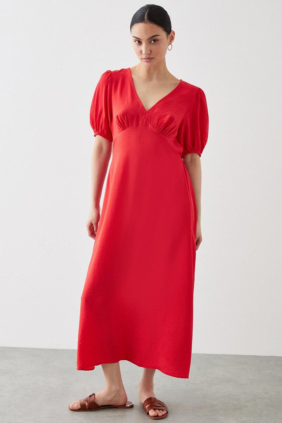 Petite Red Puff Sleeve Midi Dress