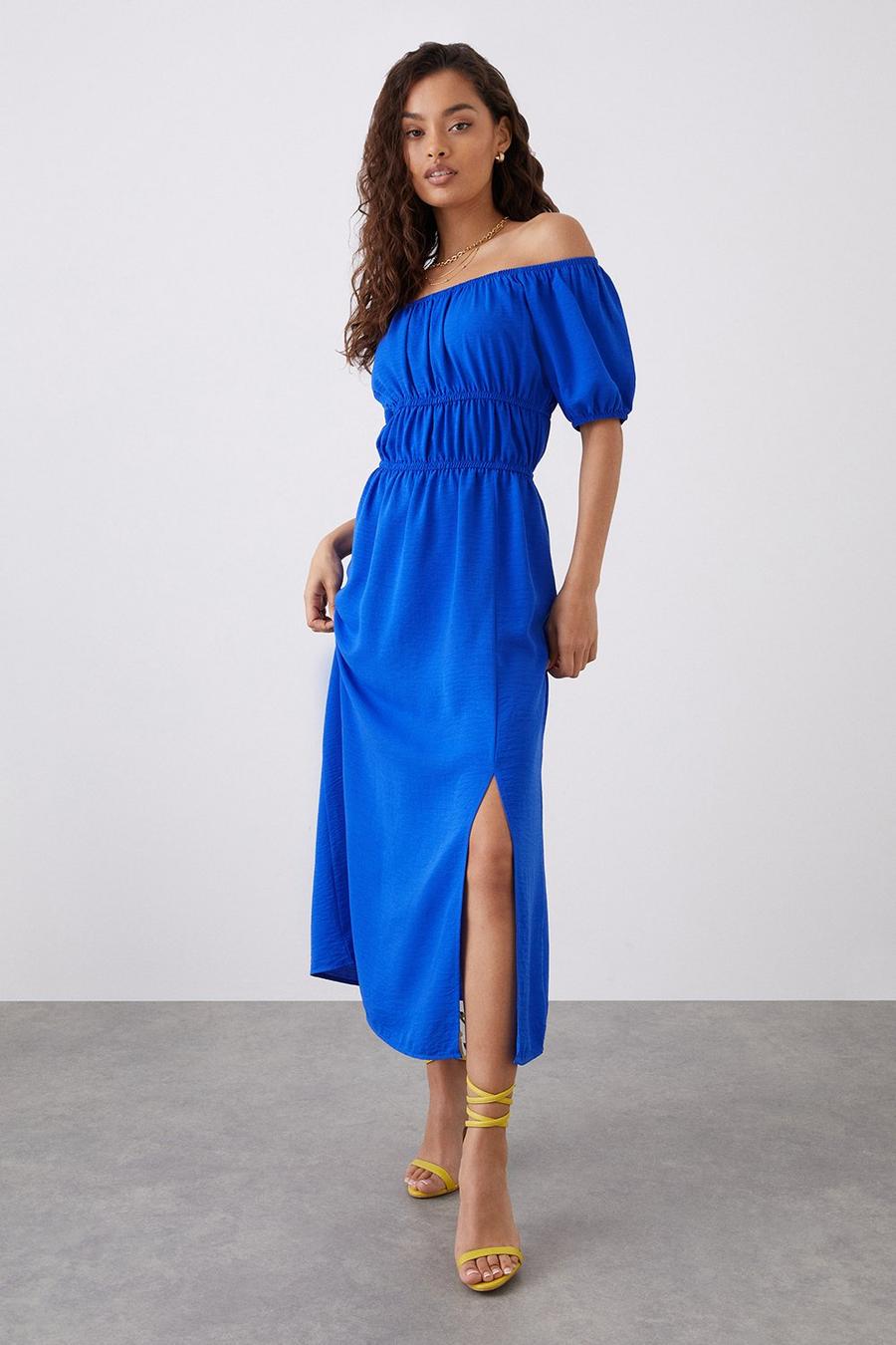 Petite Blue Bardot Midi Dress