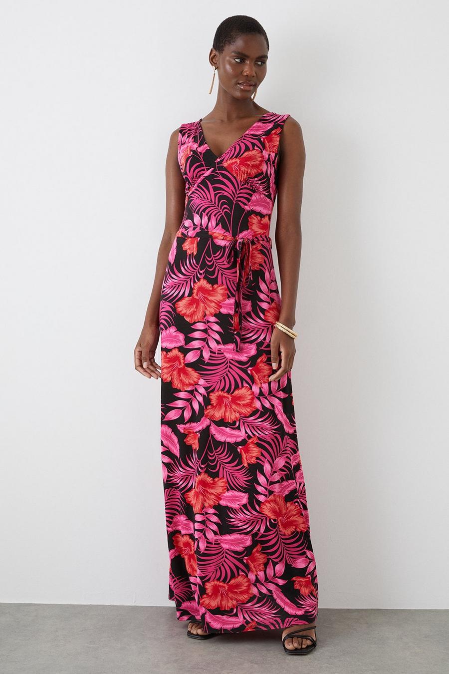 Tall Pink Palm Print V Neck Maxi Dress