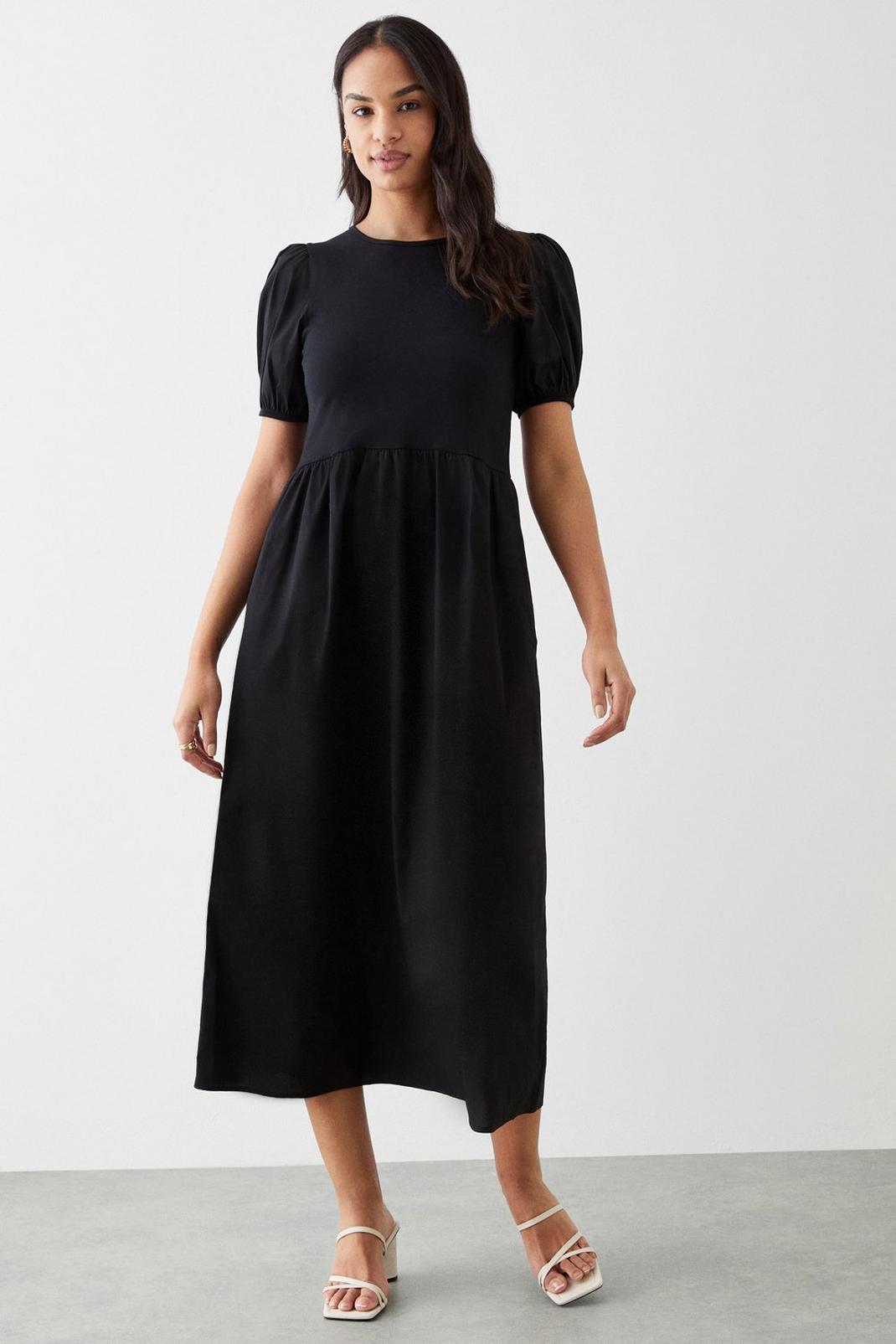 Black Poplin Jersey Mix Smock Midi Dress With Pockets image number 1