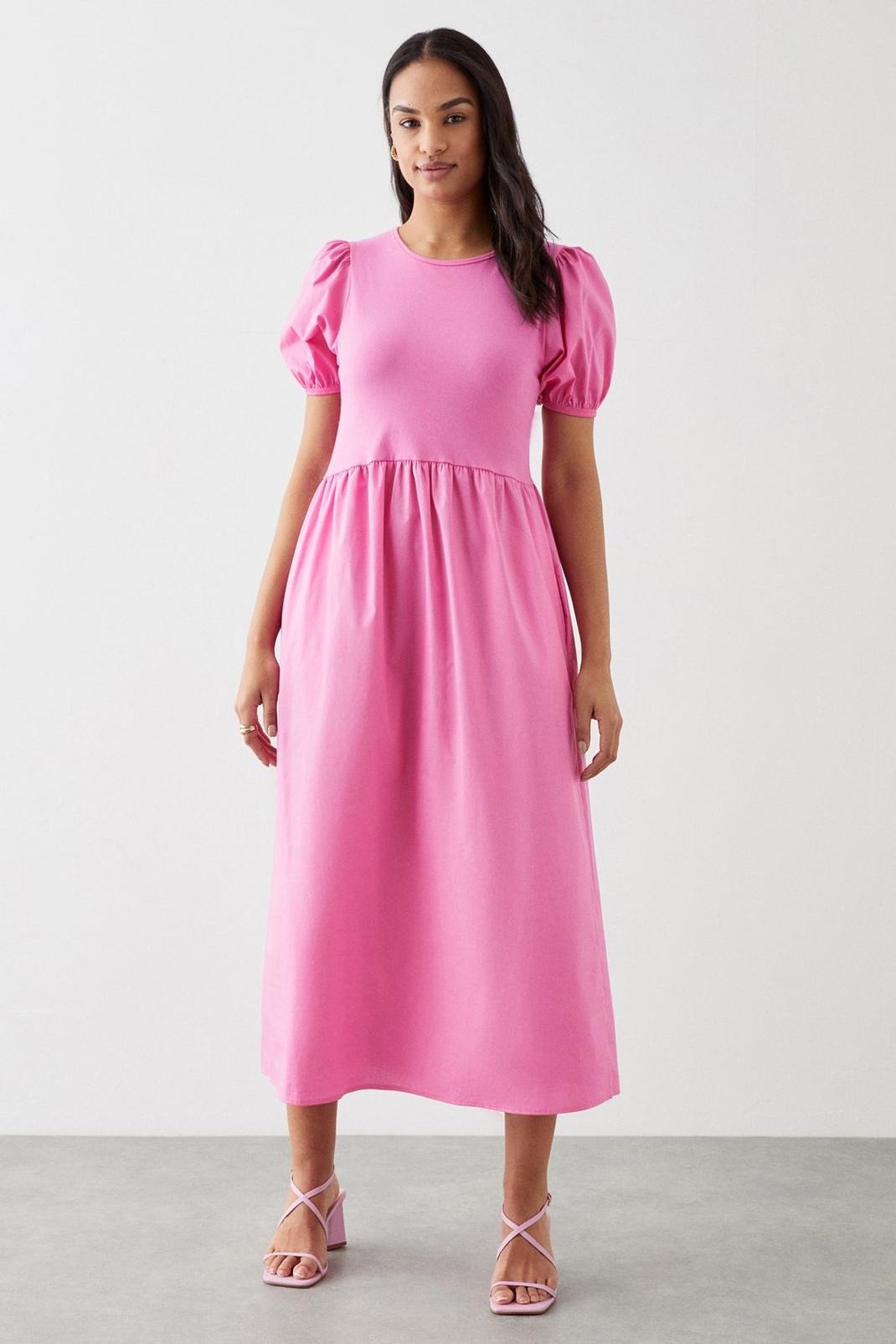 Pink Poplin Jersey Mix Smock Midi Dress With Pockets image number 1