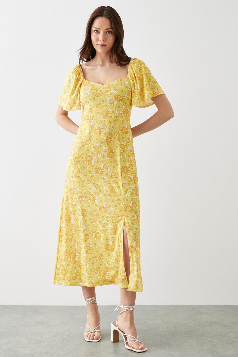 Yellow Daisy Flutter Sleeve Midi Dress