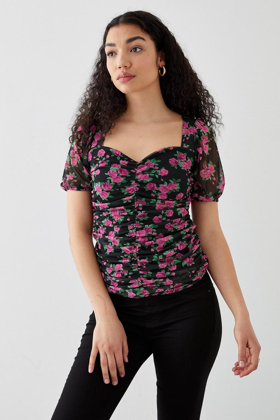 Floral Ruched Front Sweetheart Top