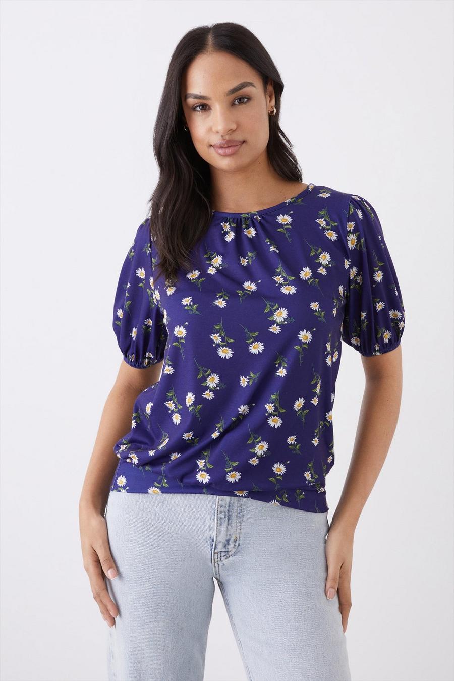 Floral Banded Hem Puff Sleeve Top