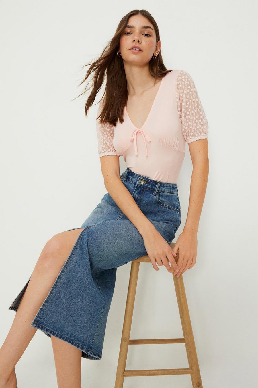 Embroidered Chiffon Tie Front Top