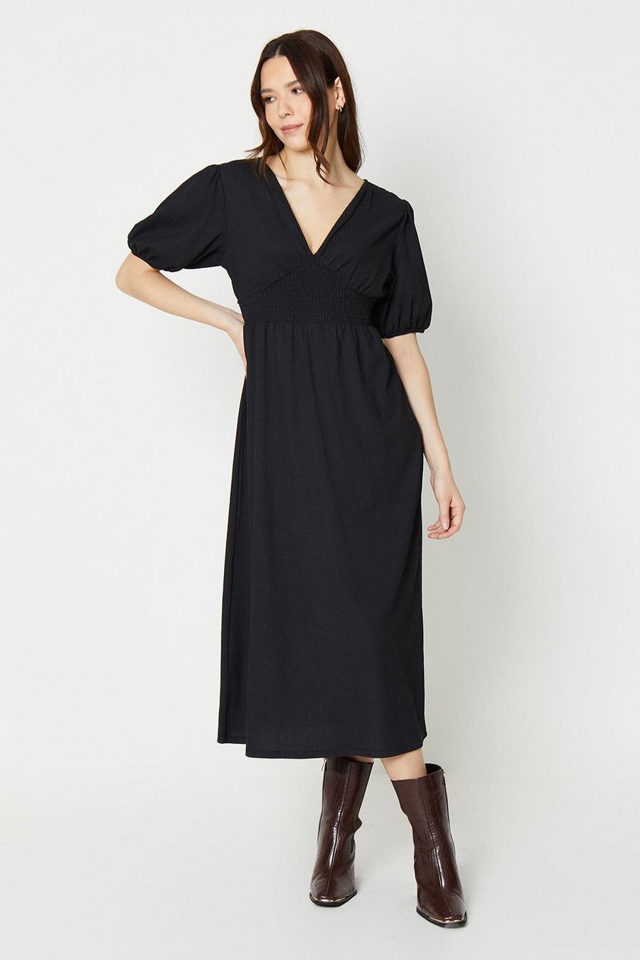 Black Shirred Waist Midi Dress