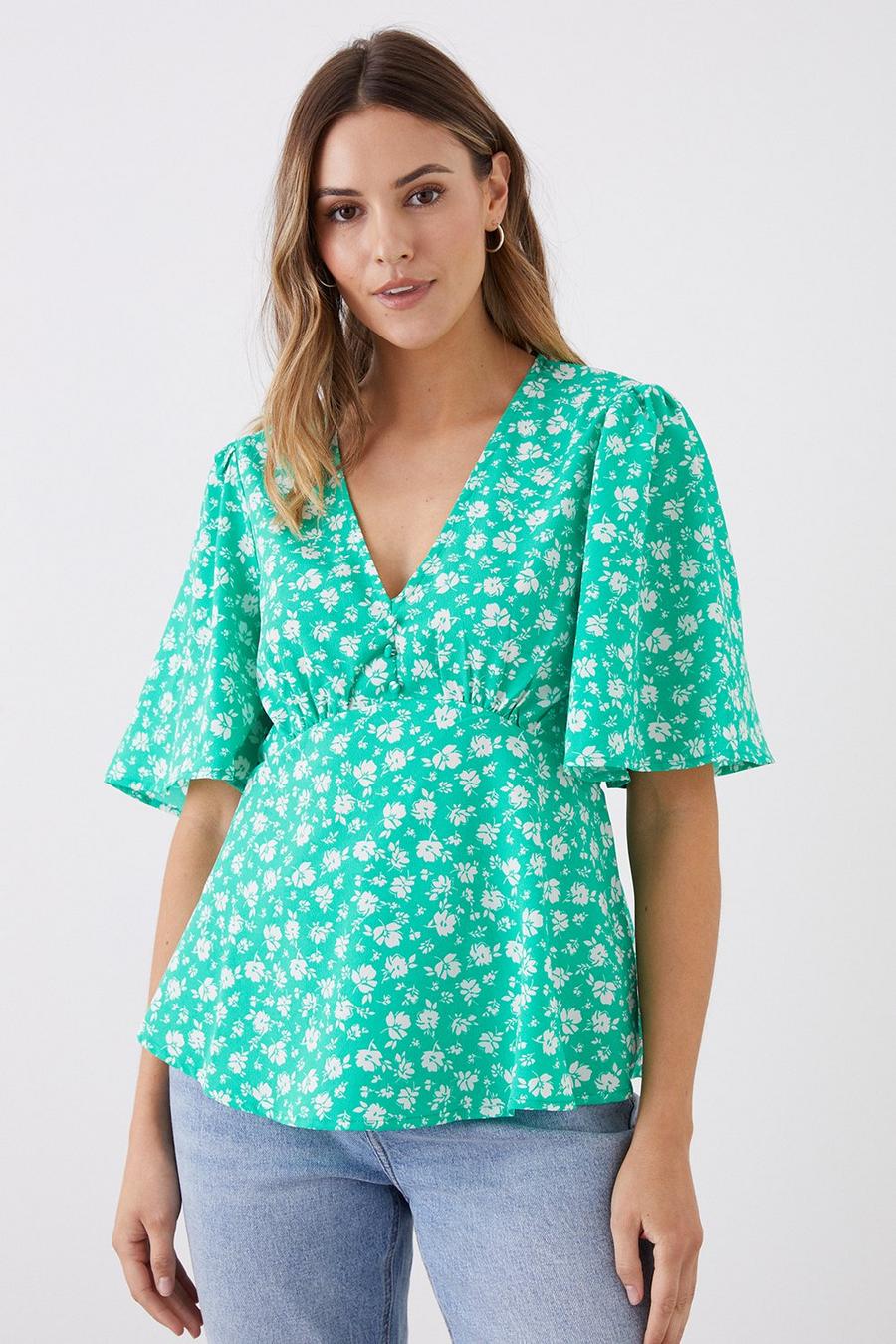 Green Ditsy Button Front Tea Blouse