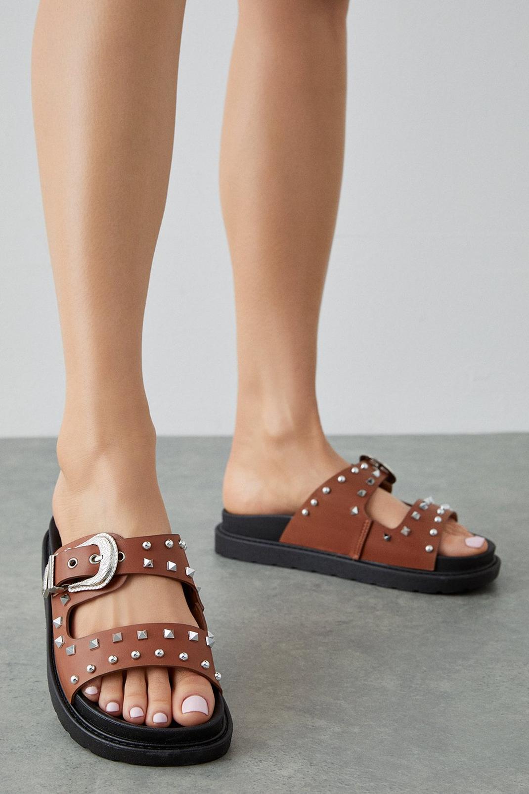 Tan Franky Western Buckle Flat Sandals image number 1