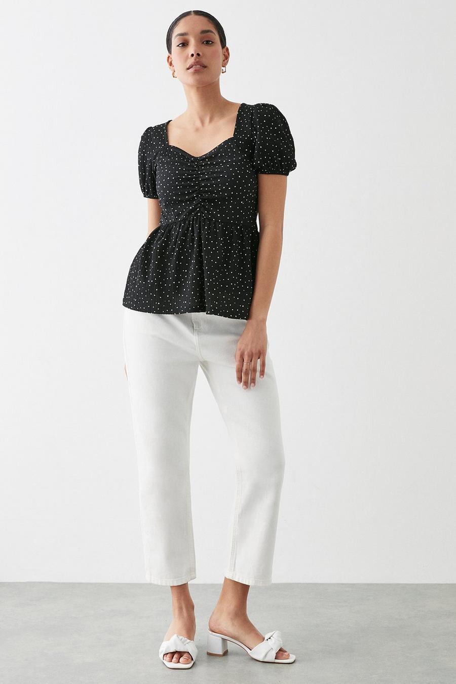 Spot Printed Sweetheart Ruched Top