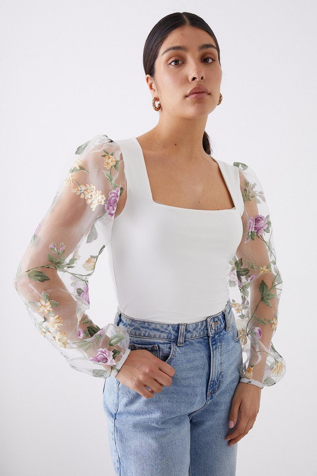 Ivory Organza Floral Sleeve Square Neck Top image number 1