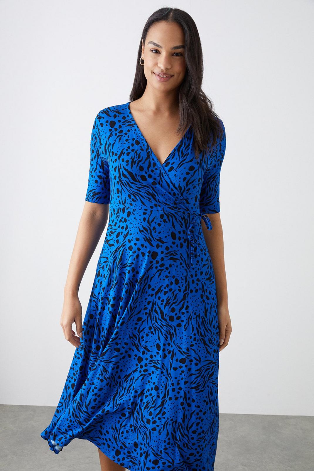 Blue Printed Short Sleeve Wrap Dress image number 1