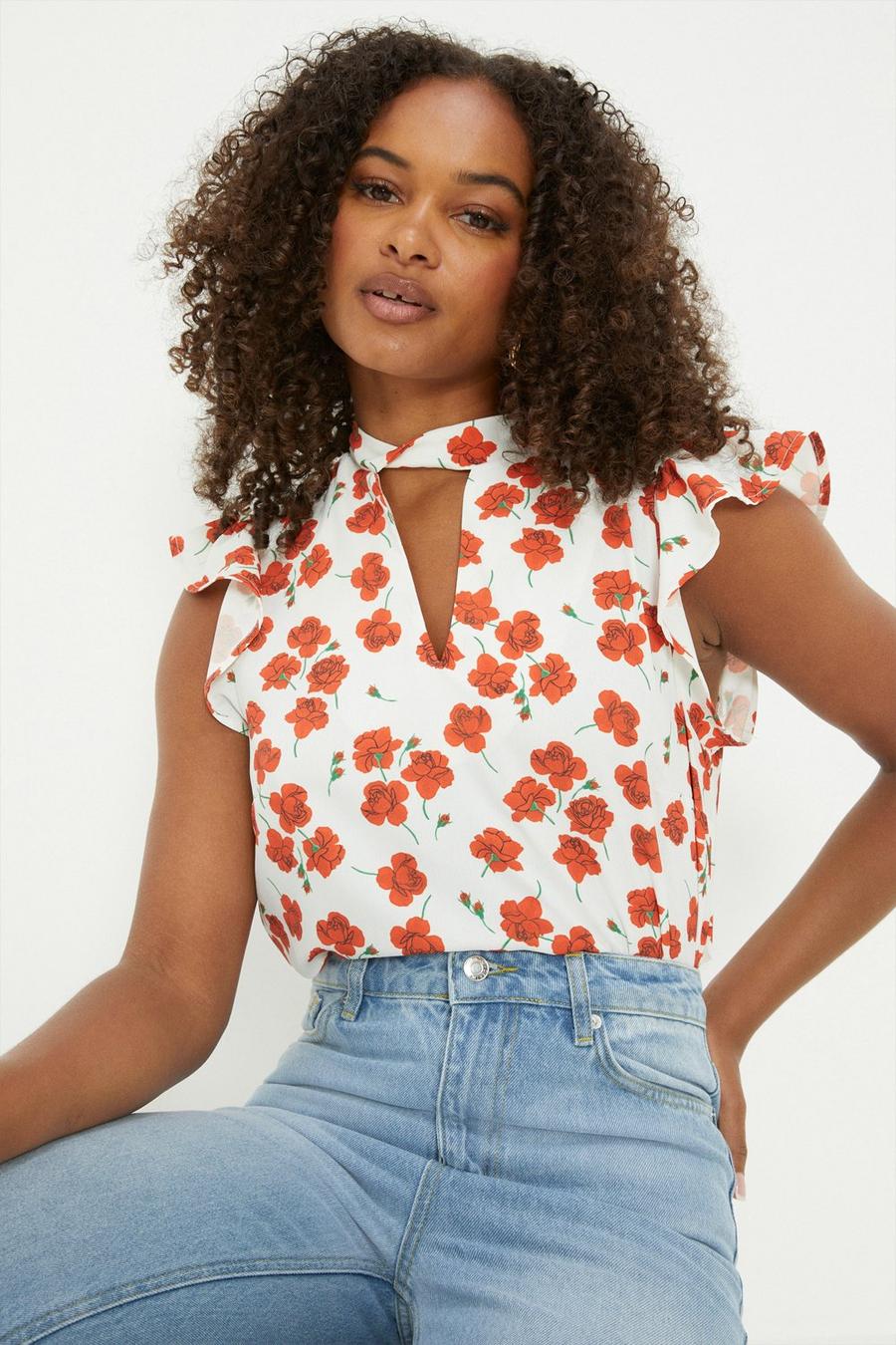 Tall Red Floral Twist Neck Sleeveless Blouse
