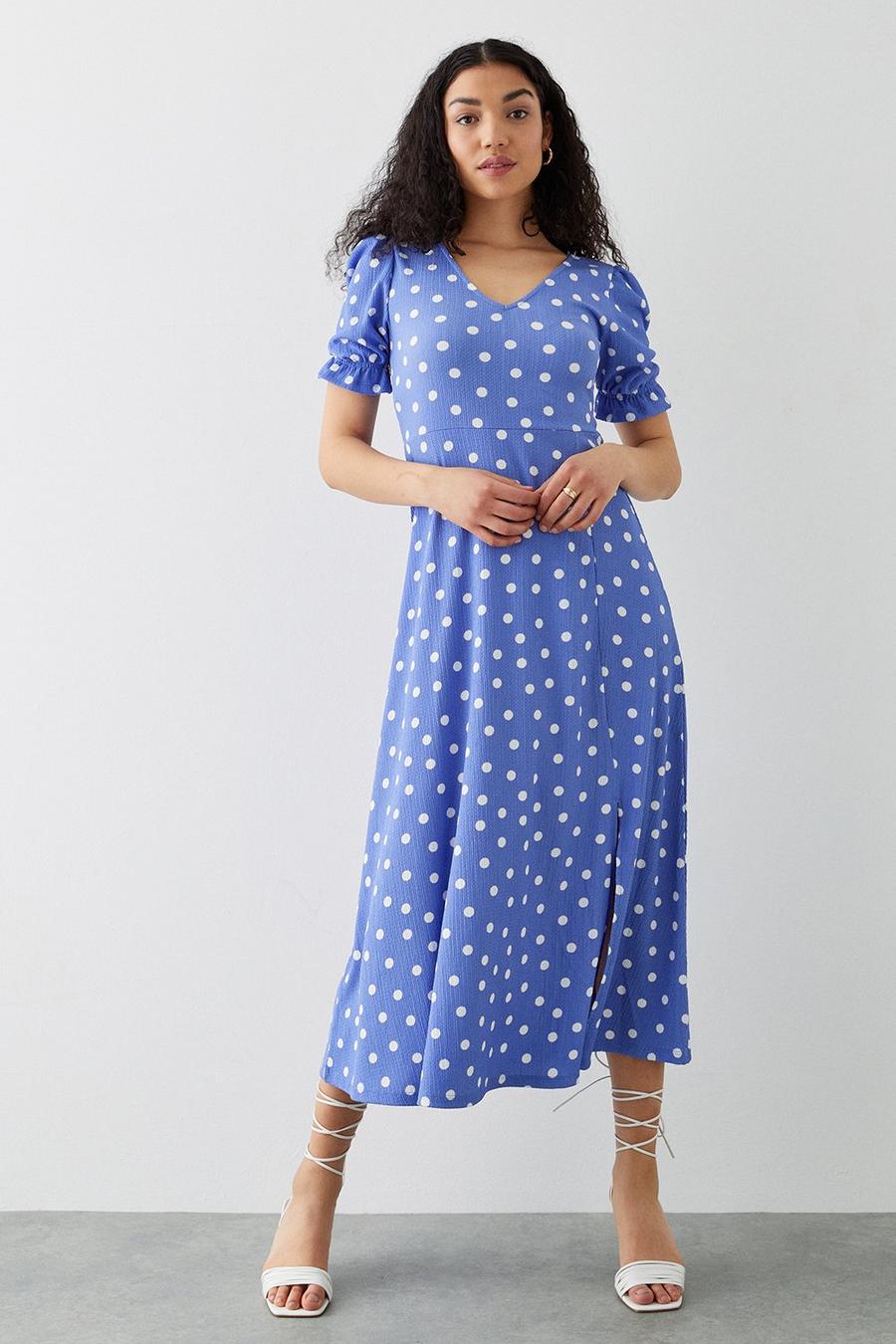 Blue Spot Short Sleeve V Neck Midi Dress