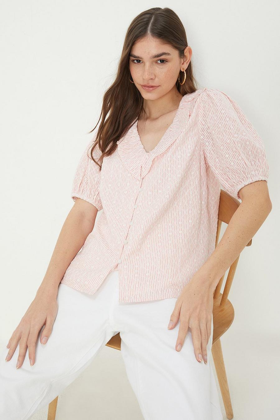 Pink Stripe Embroidered Ruffle Neck Top