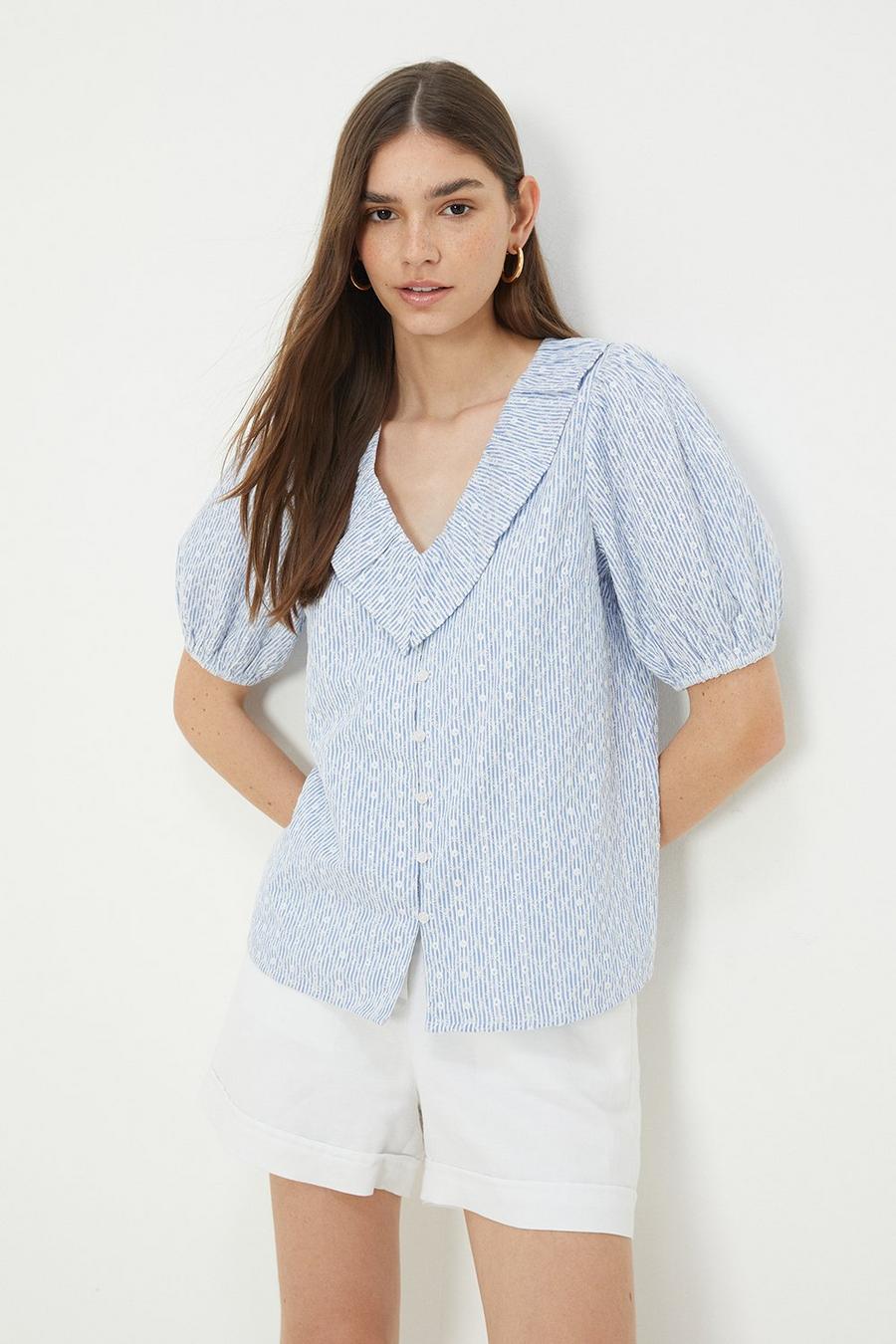 Blue Stripe Embroidered Ruffle Neck Top
