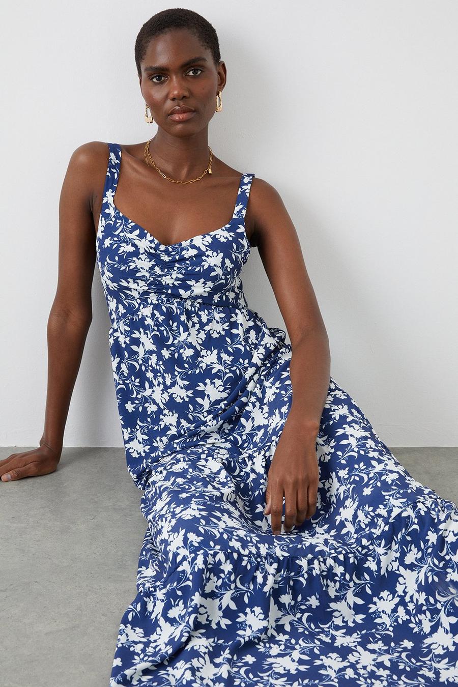 Cobalt Floral Strappy Tiered Midi Dress