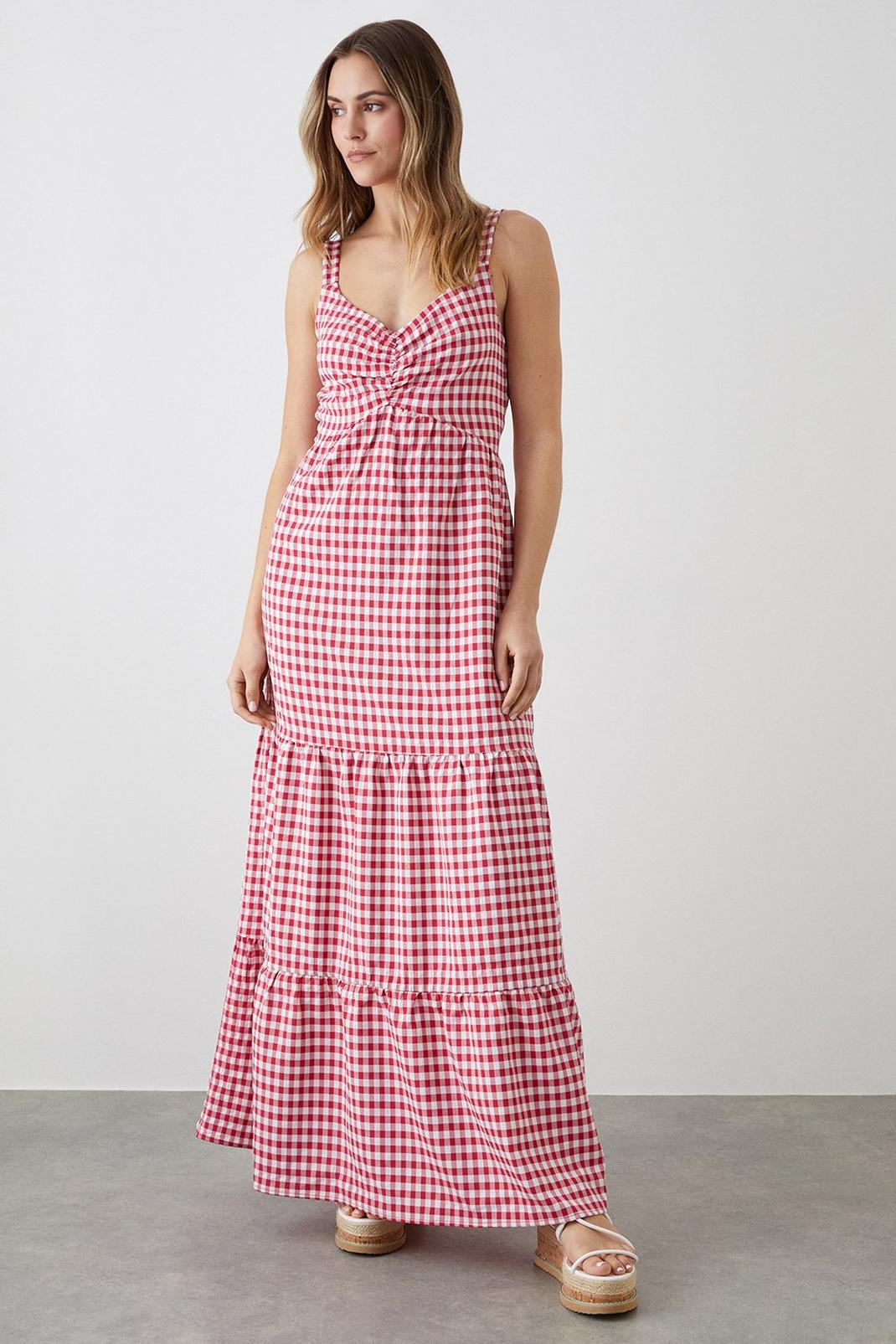 Red Gingham Strappy Tiered Midi Dress image number 1