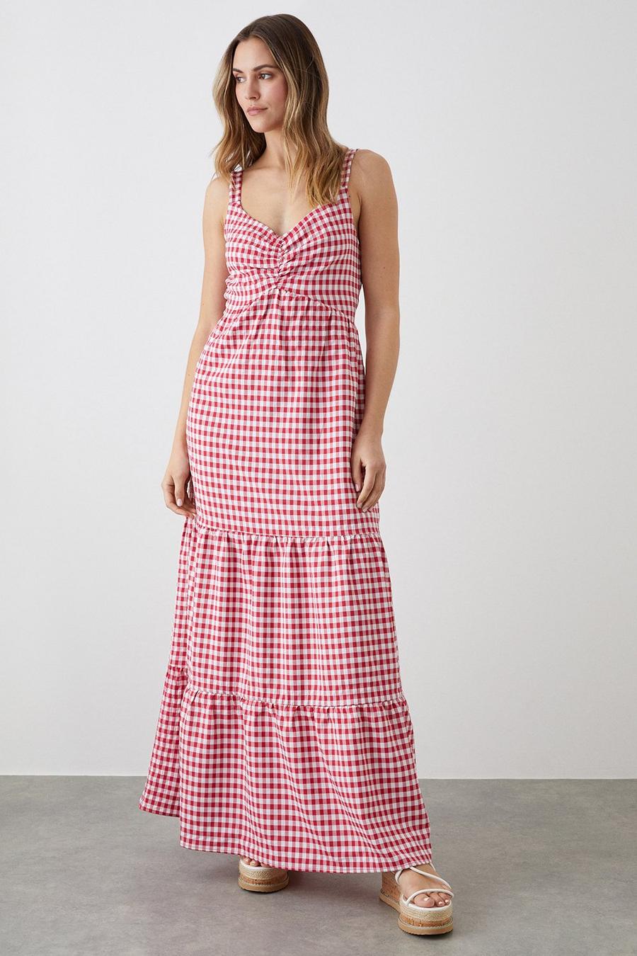 Red Gingham Strappy Tiered Midi Dress