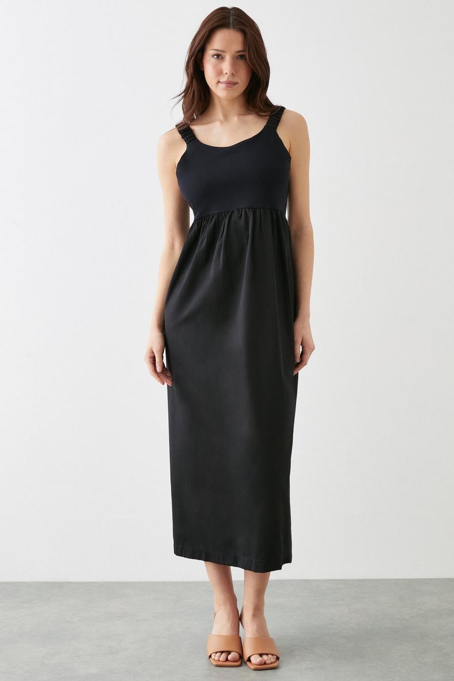 Black Sleeveless Jersey Woven Mix Midi Dress