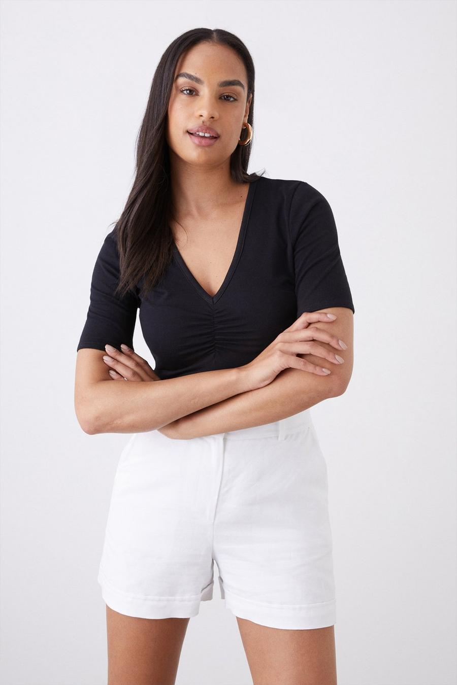 Cotton V Neck Ruched Front Top