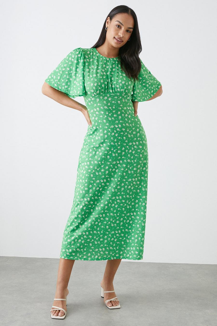 Green Ditsy Flutter Sleeve Midi Dress
