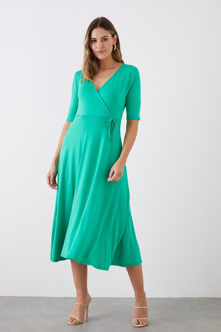 Tall Green Short Sleeve Jersey Wrap Dress