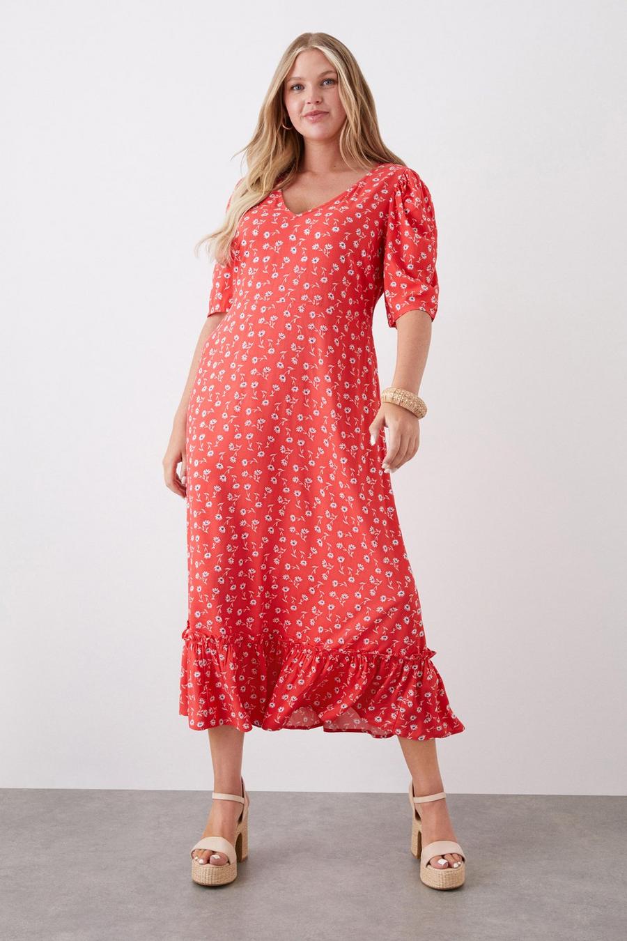 Curve Red Floral Tirered Short Sleeve Midi Dress