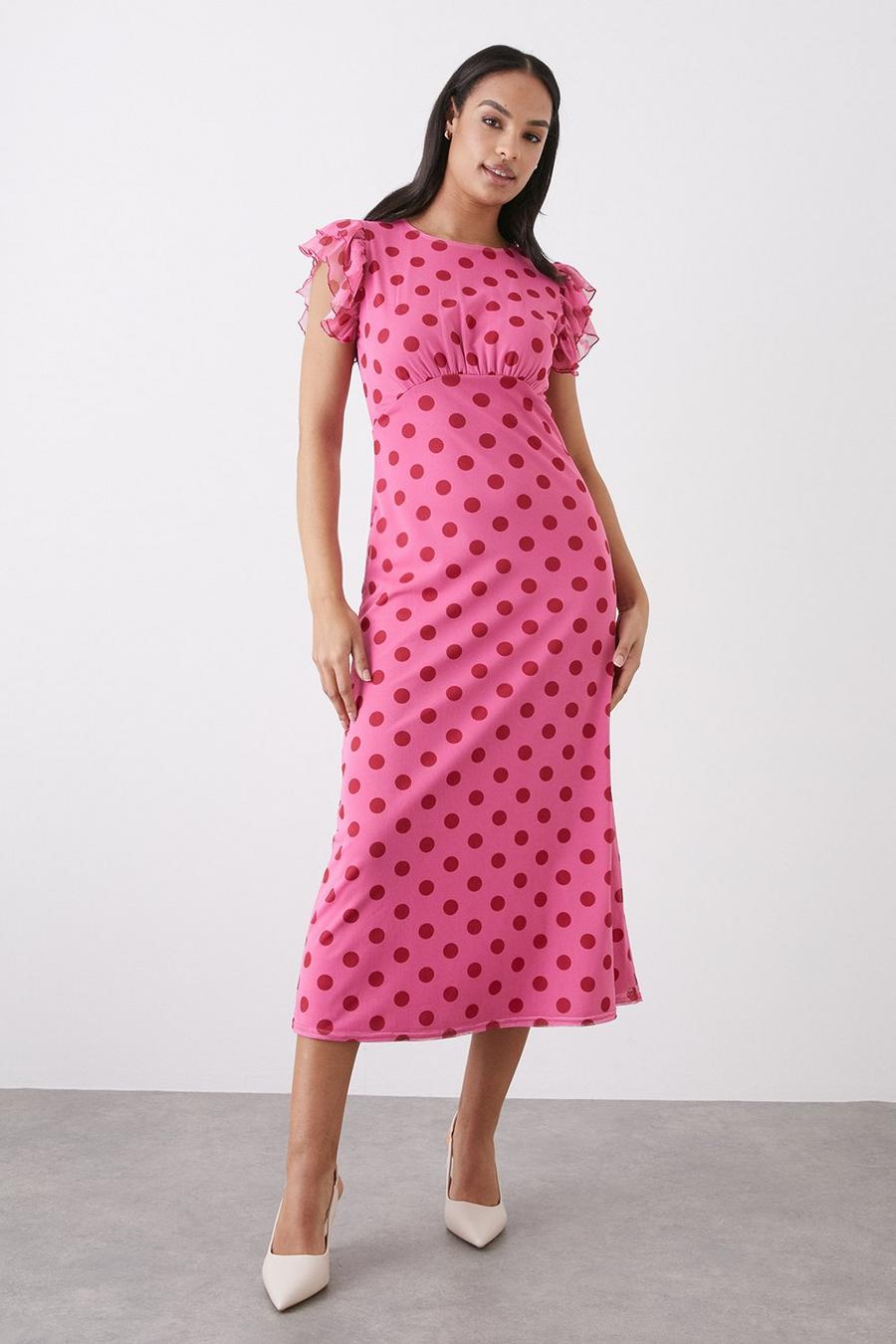 Pink Spot Mesh Flutter Sleeve Midi Dress