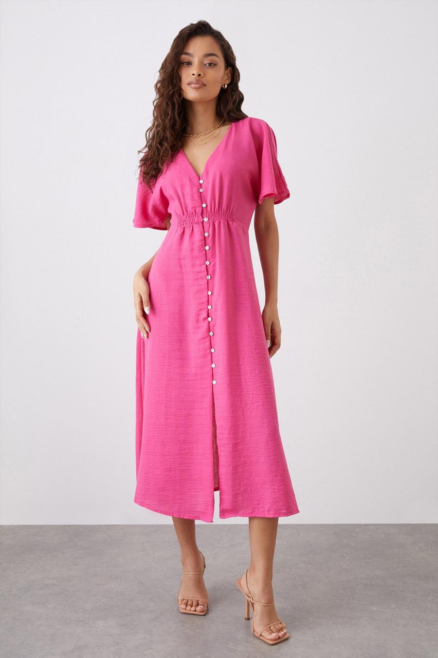 Petite Pink Button Front Shirred Waist Midi Dress