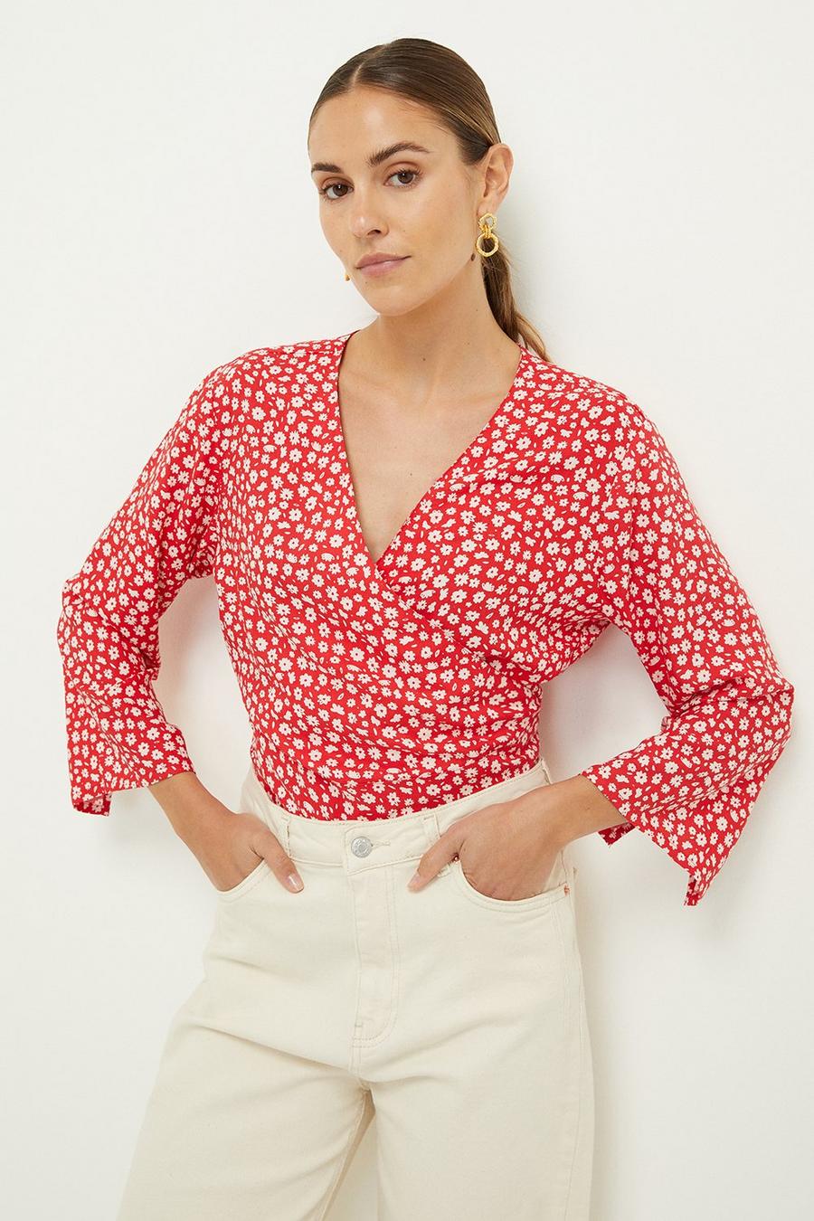Red Ditsy Wrap Top