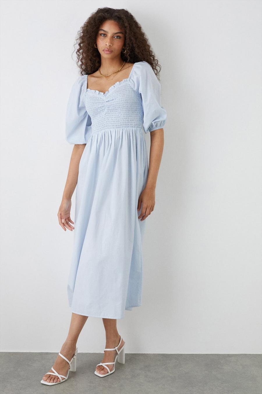 Blue Stripe Shirred Bodice Midi Dress