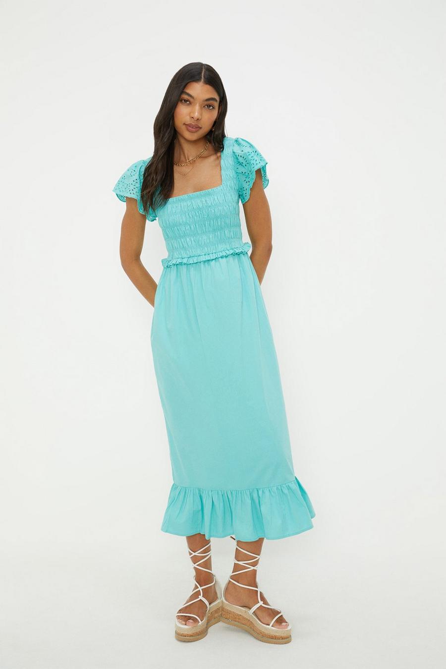 Turquoise Broderie Sleeve Shirred Midi Dress