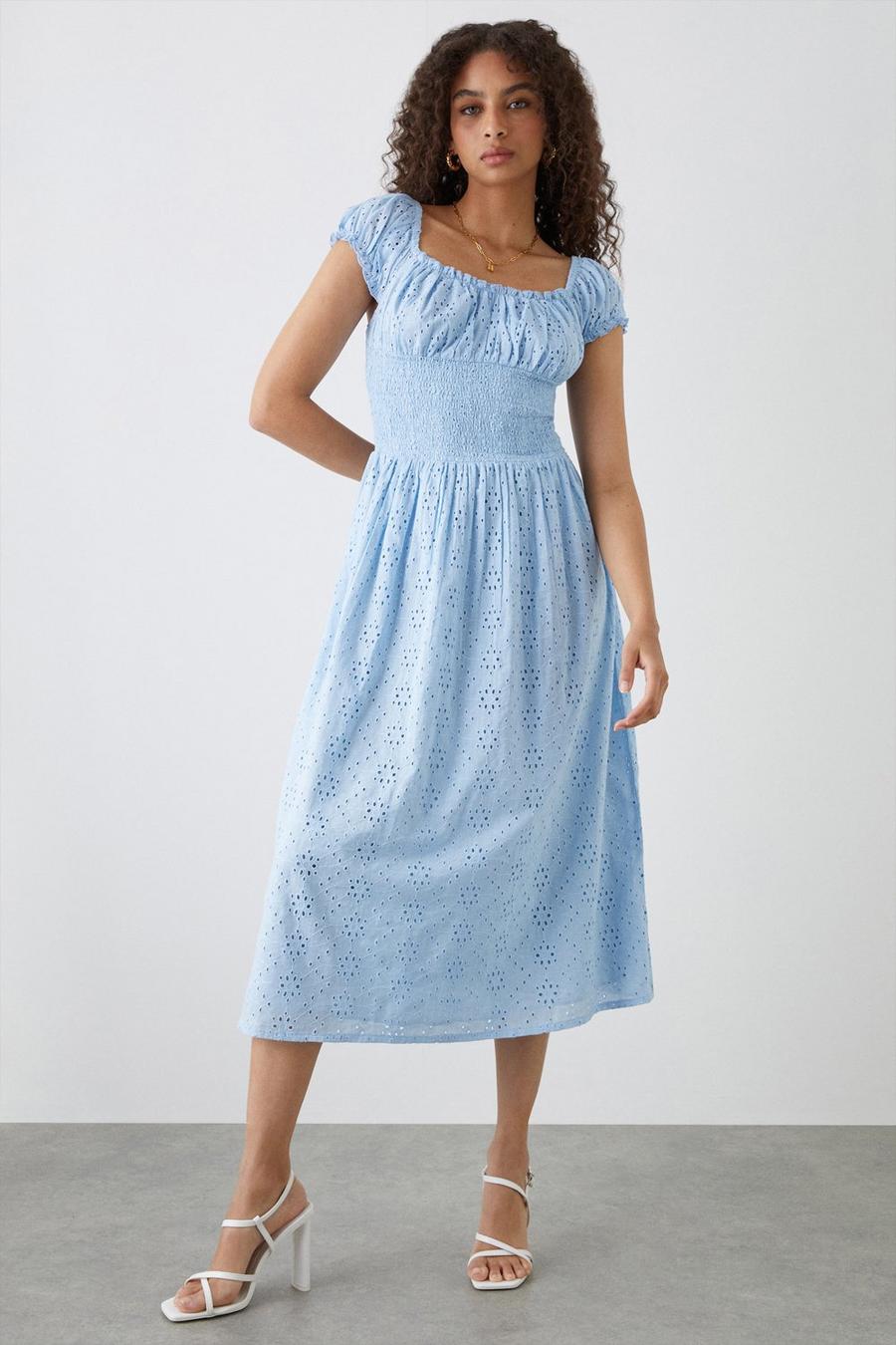 Blue Shirred Waist Broderie Midi Dress