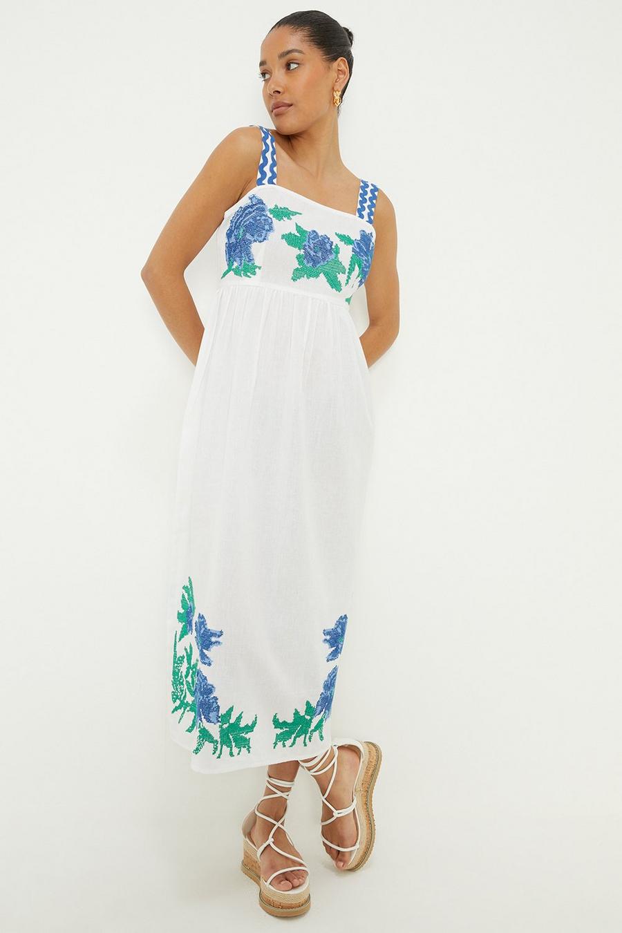 Ivory Strappy Embroidered Midi Dress