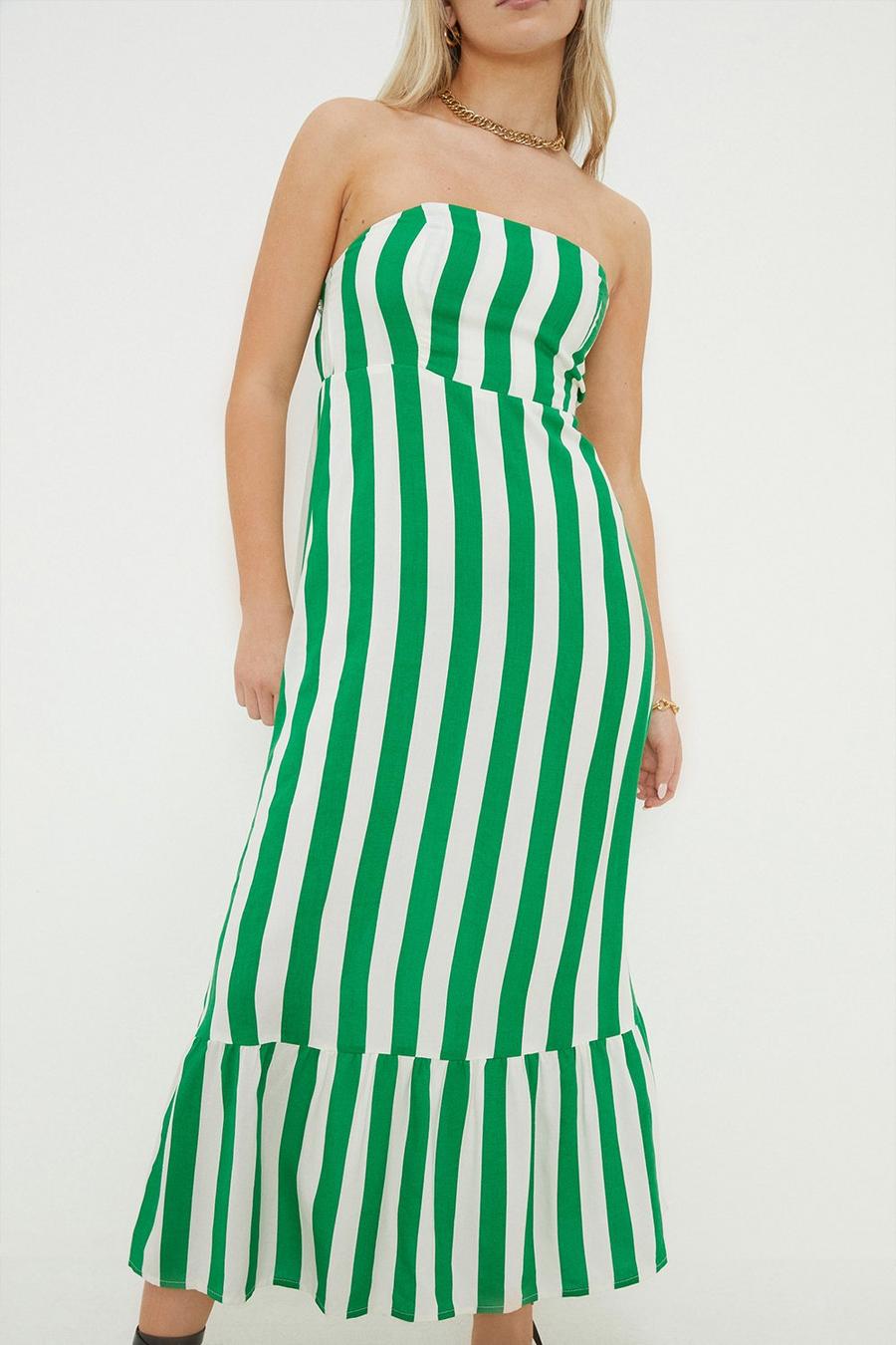 Petite Green Stripe Bandeau Frill Hem Midi Dress