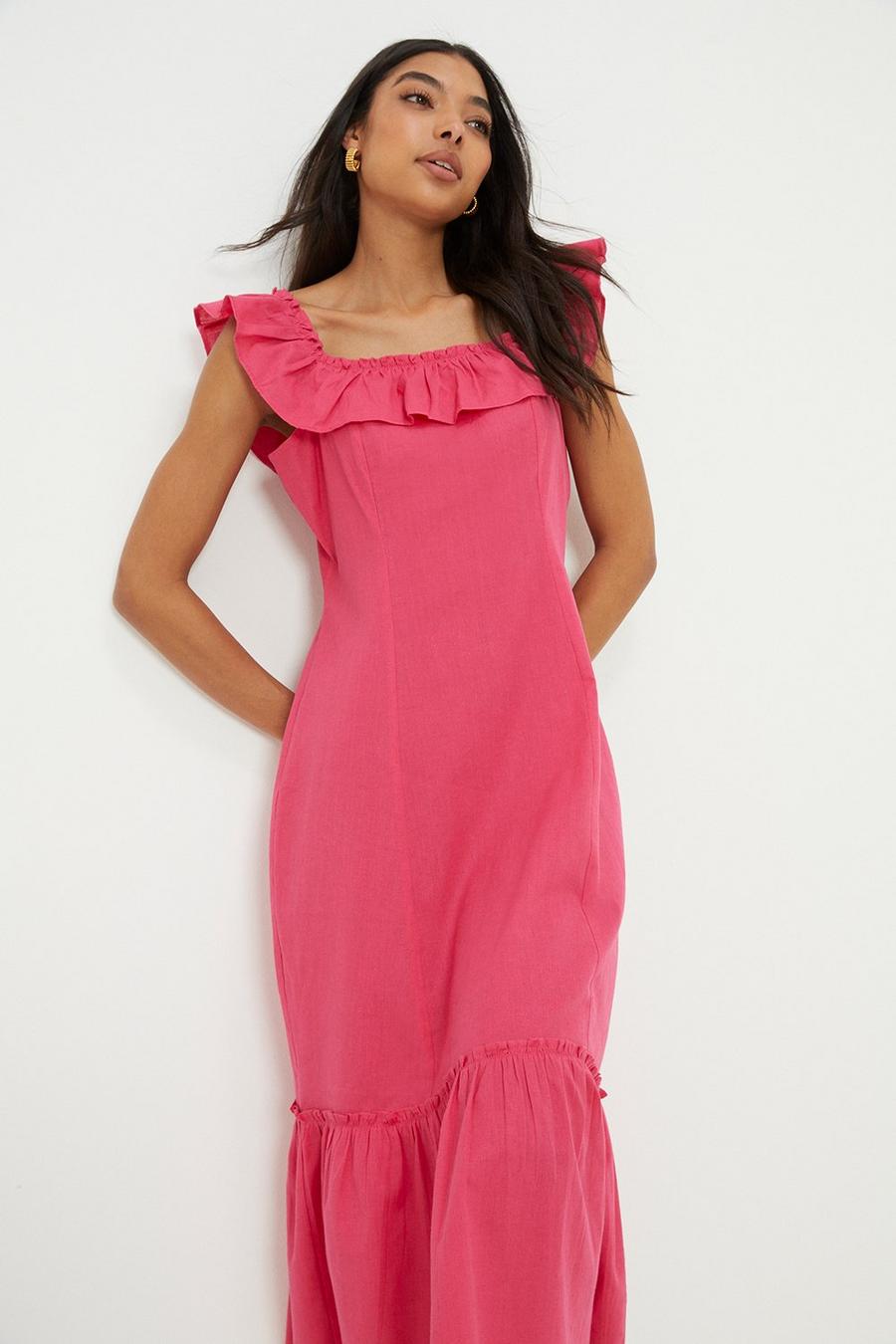 Pink Frill Neck Midi Dress