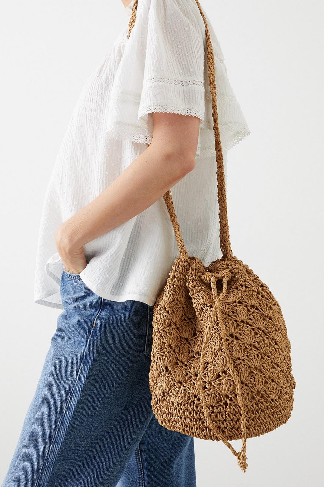 Natural Dara Crochet Drawstring Bucket Bag image number 1