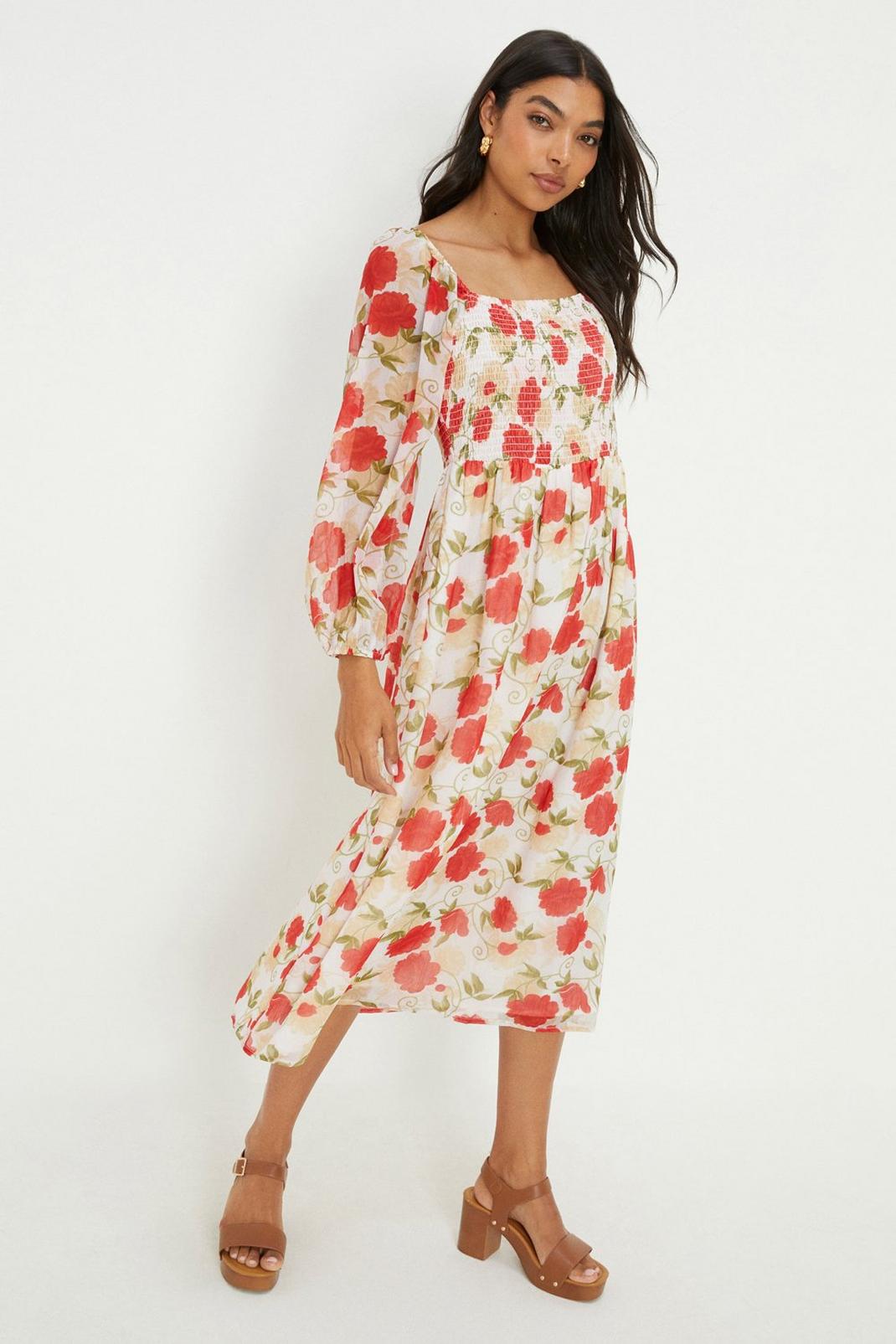 Red Floral Chiffon Shirred Midi Dress image number 1
