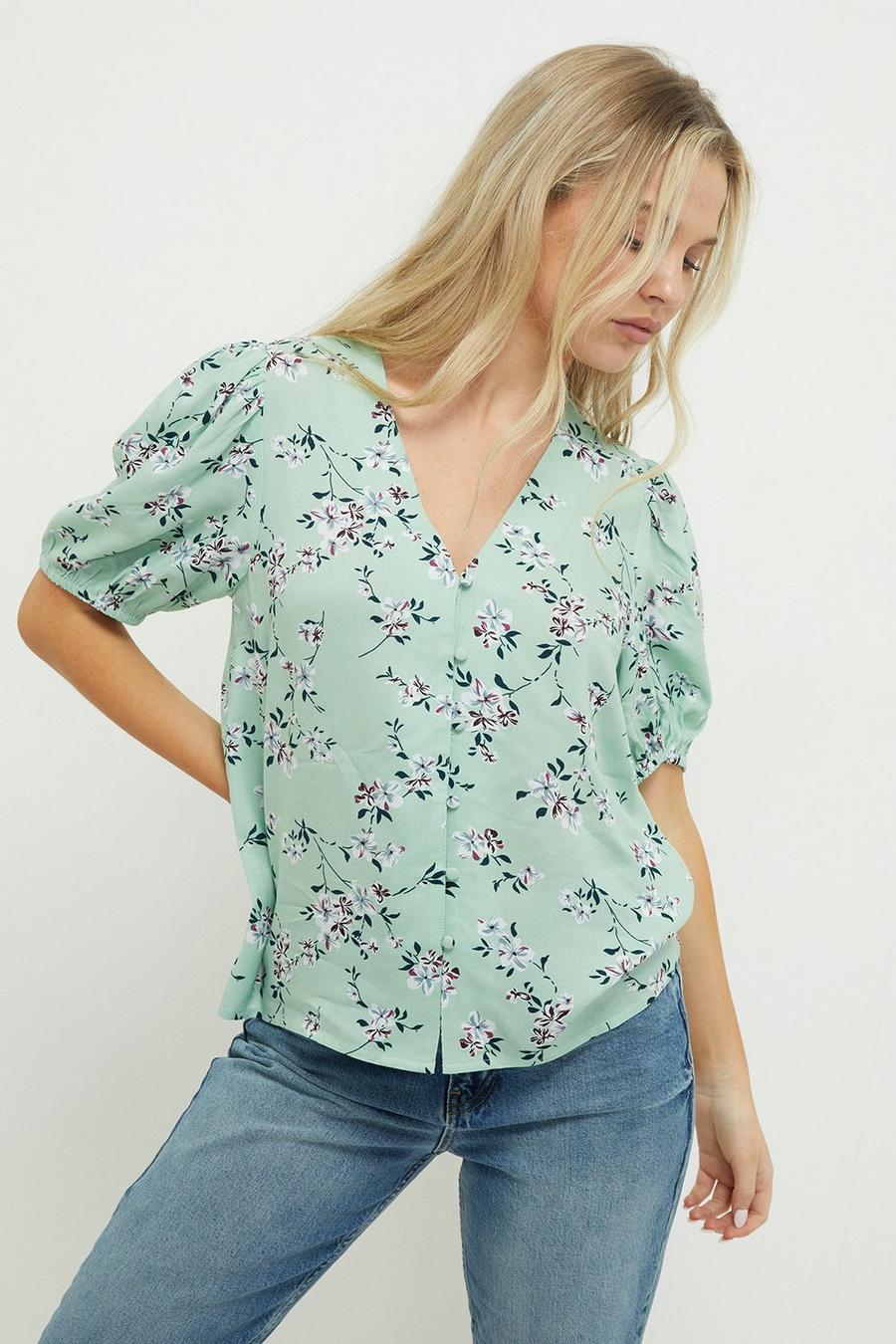 Petite Button Front Shirred Cuff Top