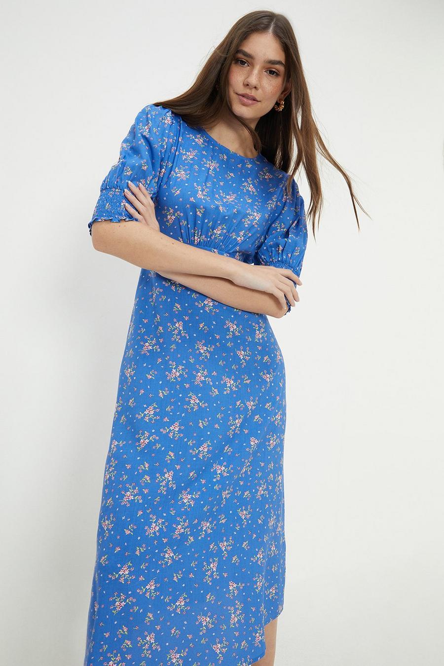 Blue Ditsy Shirred Cuff Midi Dress