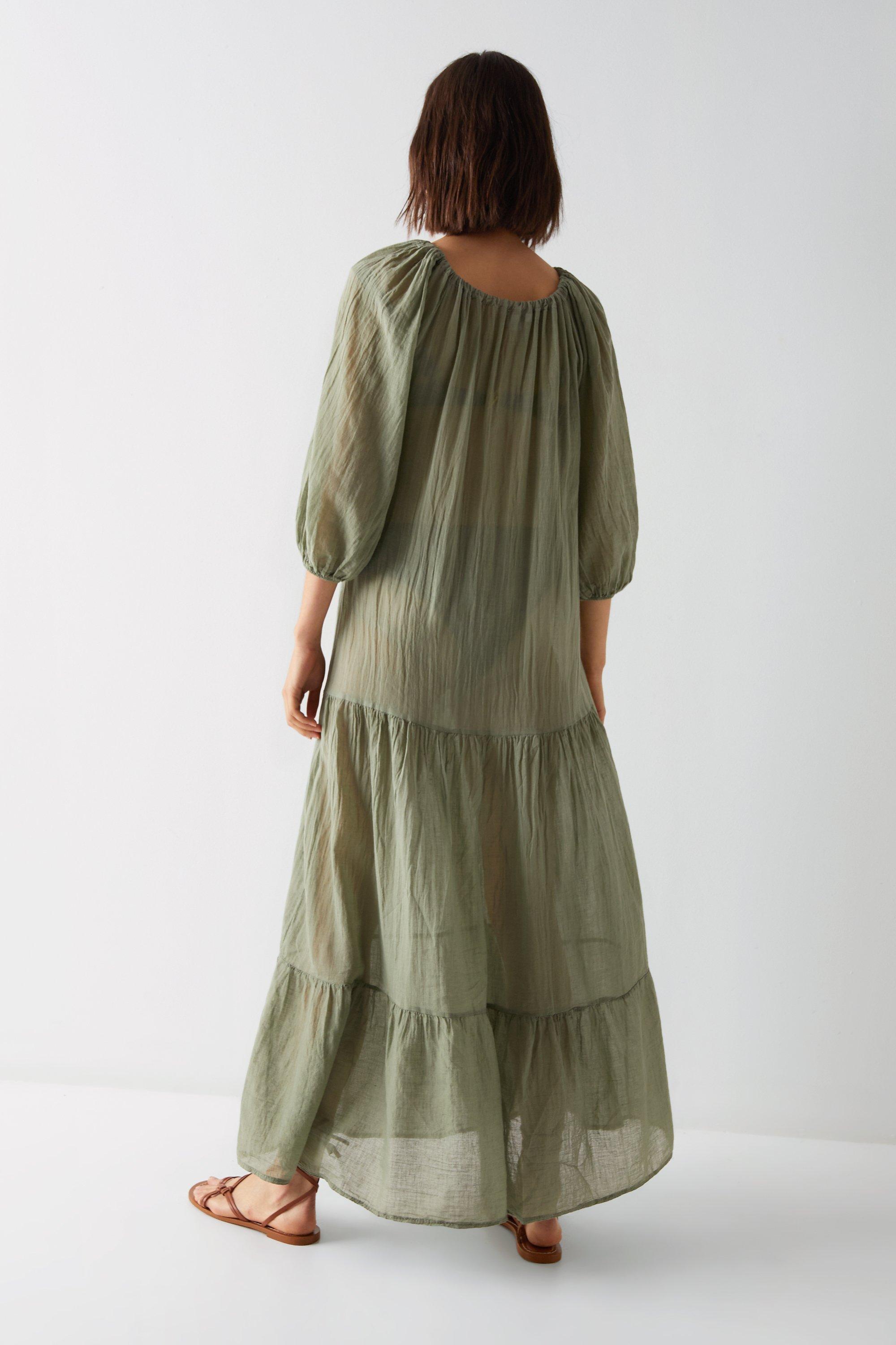 Cotton Ruched Neck Balloon Sleeve Tiered Maxi Beach Dress Nasty Gal