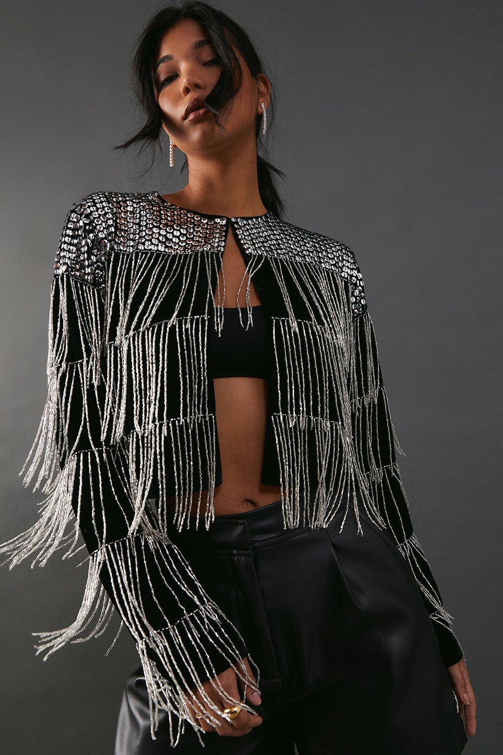 Premium Velvet Hand Embellished Sequin Fringe Jacket | Nasty Gal
