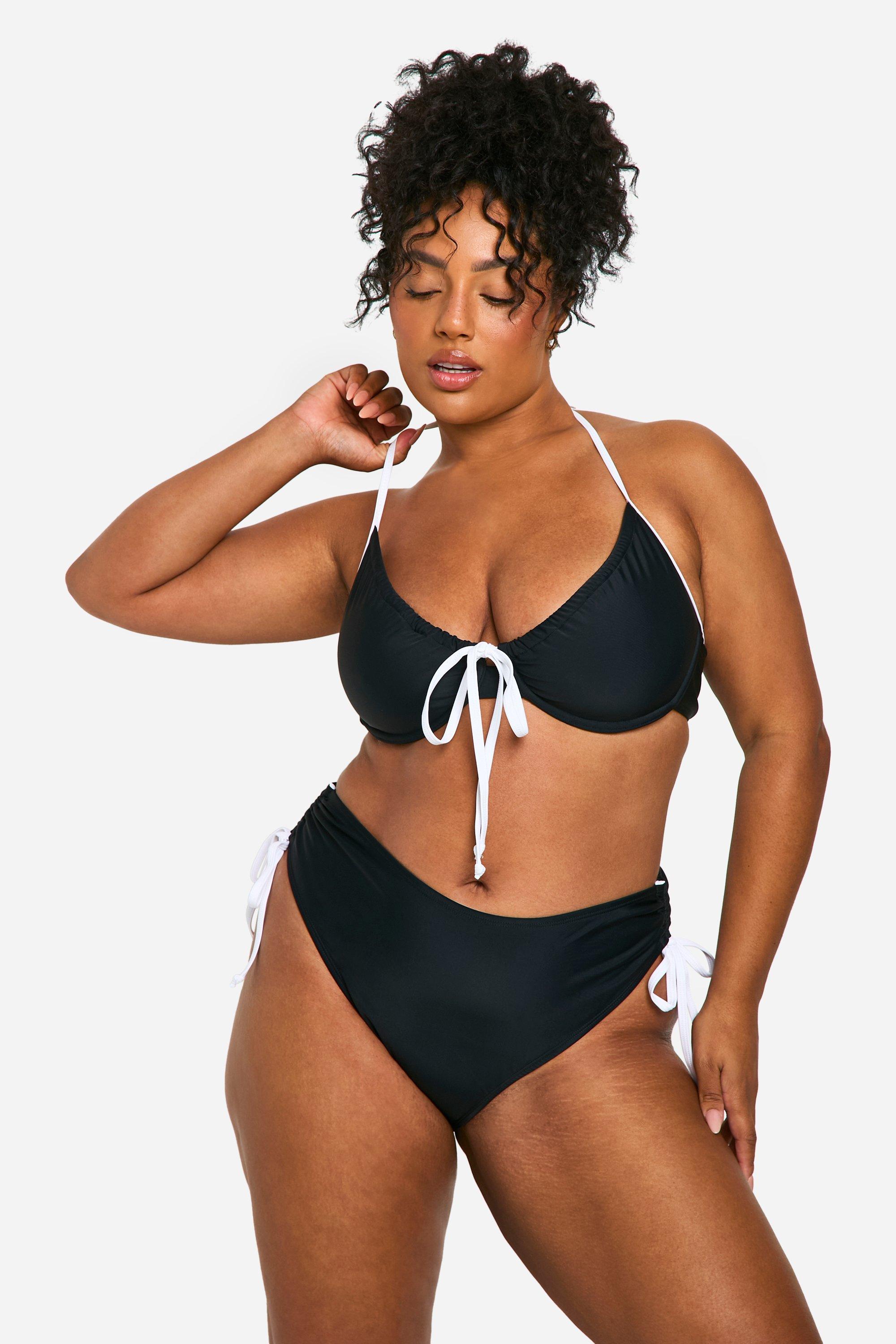 Plus Contrast Tie Ruched Side Bikini Bottom