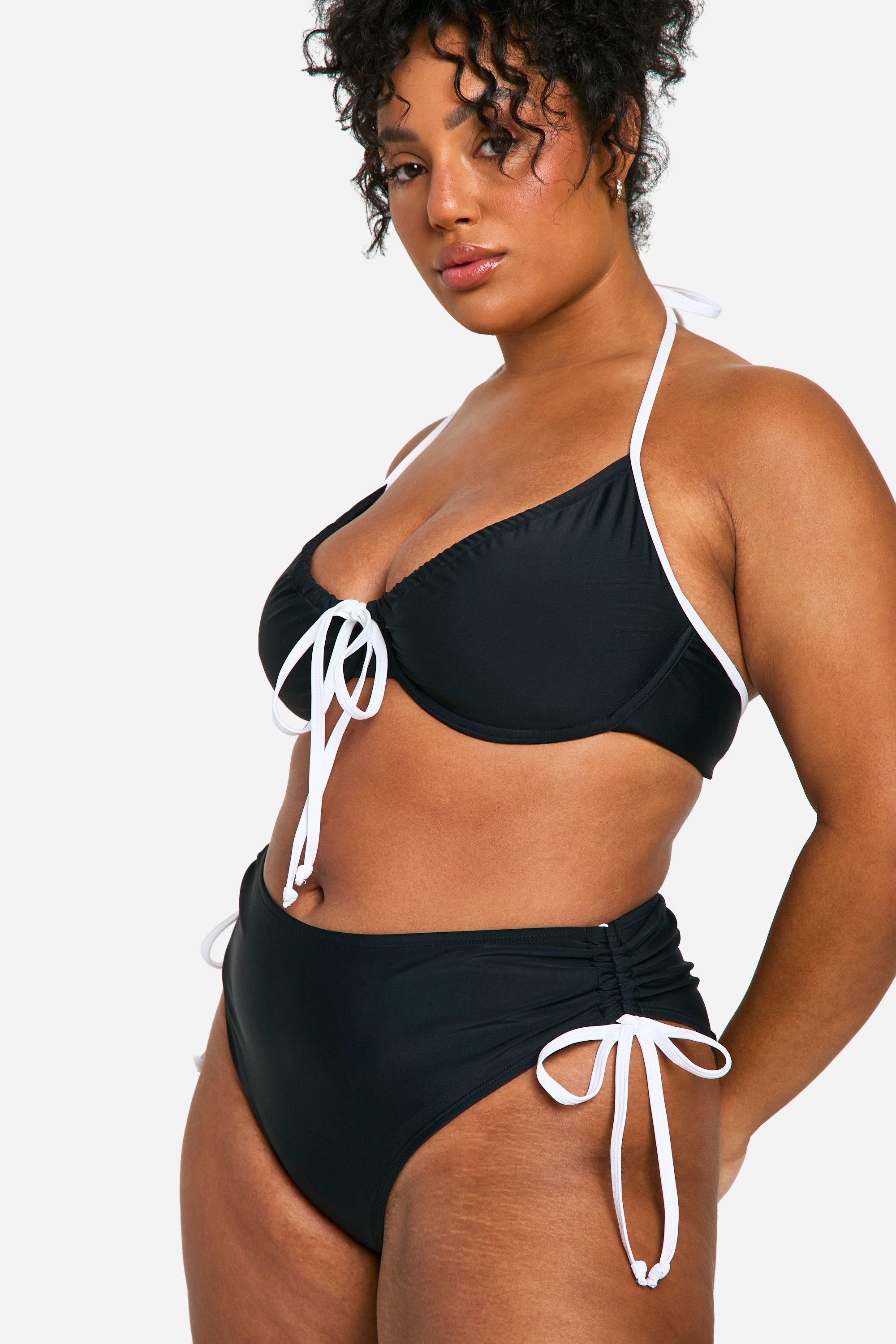 Plus Contrast Tie Ruched Side Bikini Bottom